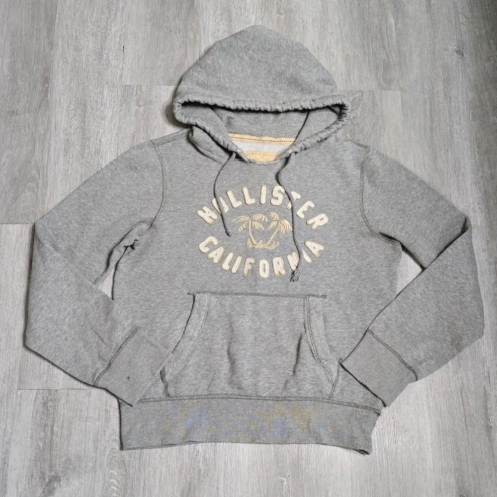 Vintage Y2K Hollister Grey Cotton Hoodie with Palm Tree Graphic Mens
